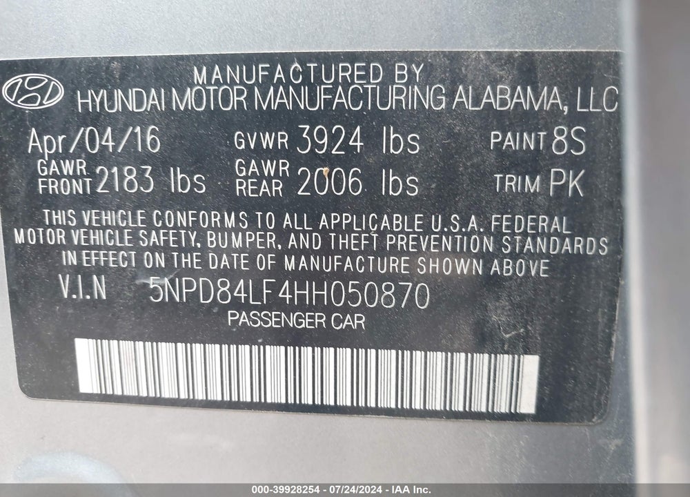 2017 HYUNDAI ELANTRA SE VIN: 5NPD84LF4HH050870