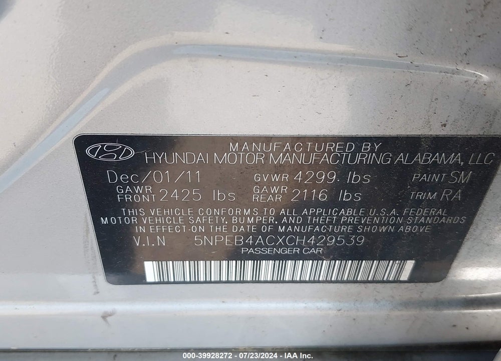 2012 HYUNDAI SONATA GLS VIN: 5NPEB4ACXCH429539