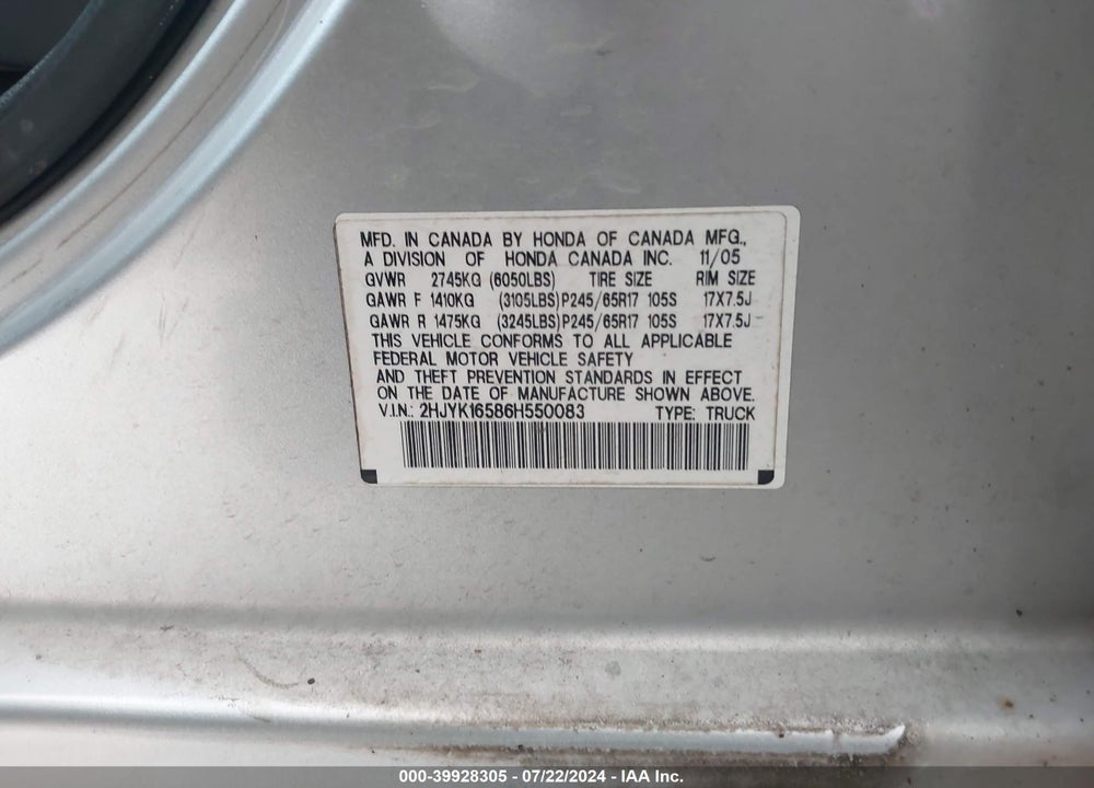 2006 HONDA RIDGELINE RTL VIN: 2HJYK16586H550083