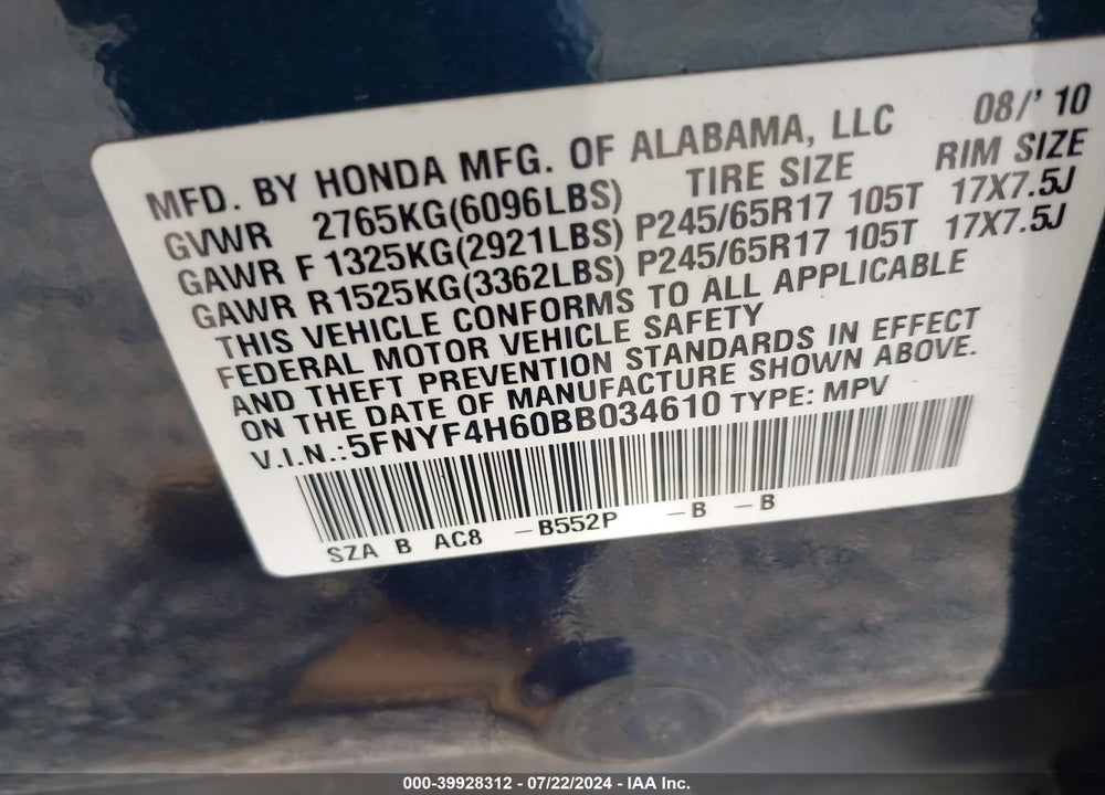 2011 HONDA PILOT EX-L VIN: 5FNYF4H60BB034610