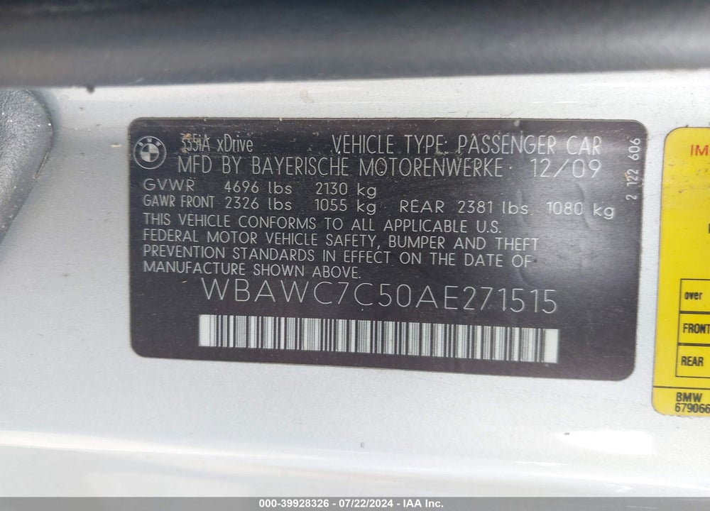 2010 BMW 335I XDRIVE VIN: WBAWC7C50AE271515