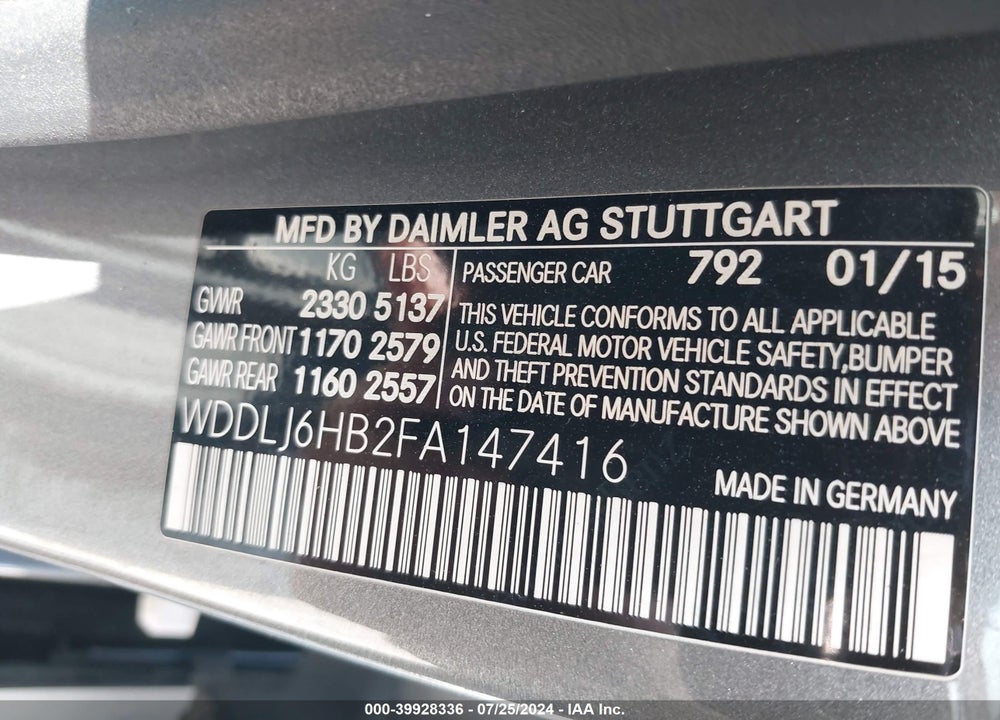 2015 MERCEDES-BENZ CLS 400 VIN: WDDLJ6HB2FA147416
