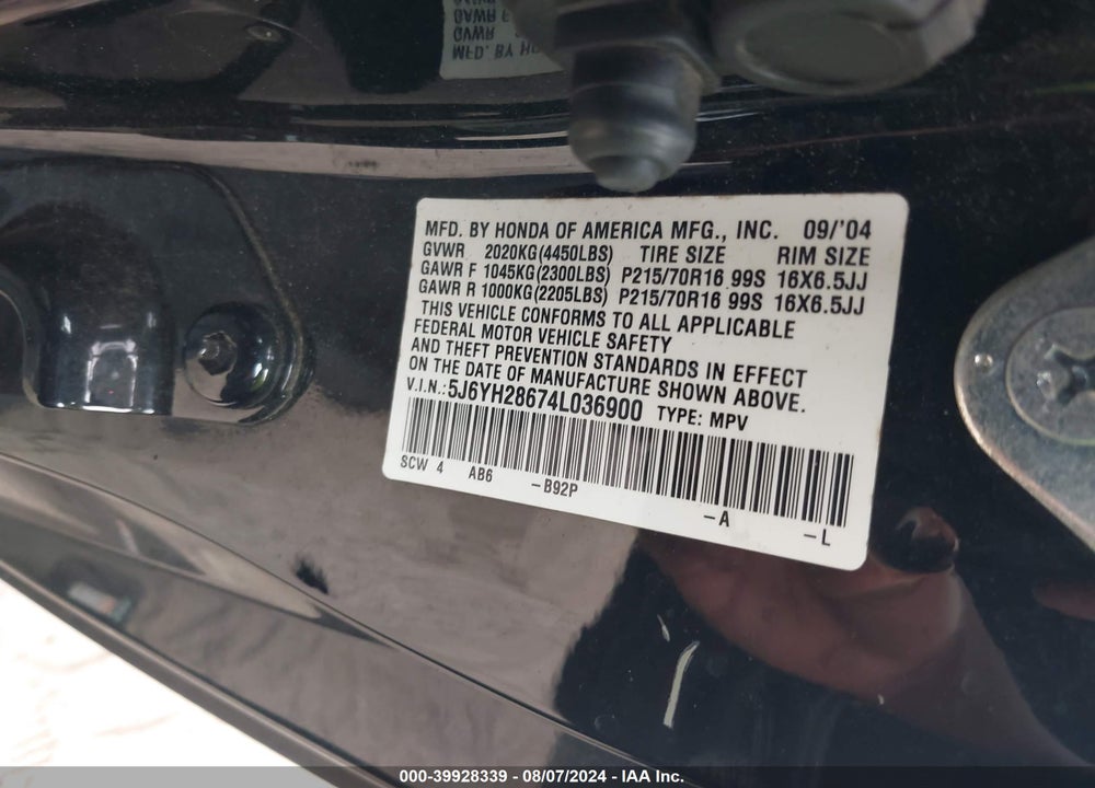 2004 HONDA ELEMENT EX VIN: 5J6YH28674L036900