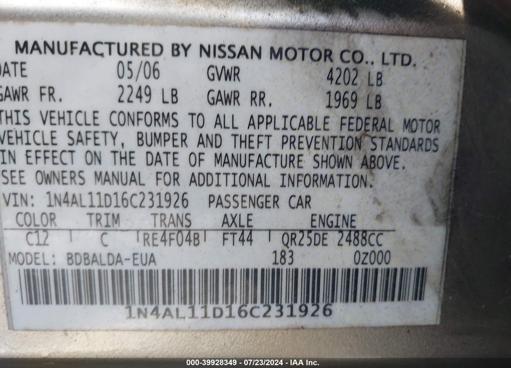 2006 NISSAN ALTIMA 2.5 S VIN: 1N4AL11D16C231926