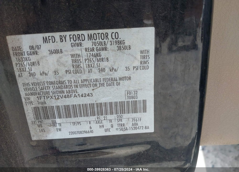 2008 FORD F-150 LARIAT VIN: 1FTPX12V48FA14243