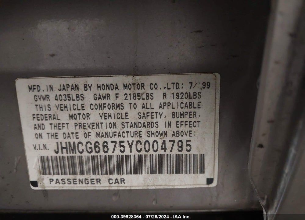 2000 HONDA ACCORD 2.3 EX VIN: JHMCG6675YC004795