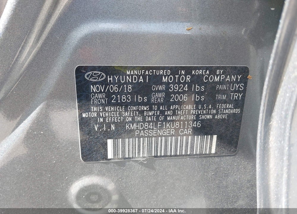 2019 HYUNDAI ELANTRA SEL VIN: KMHD84LF1KU811346