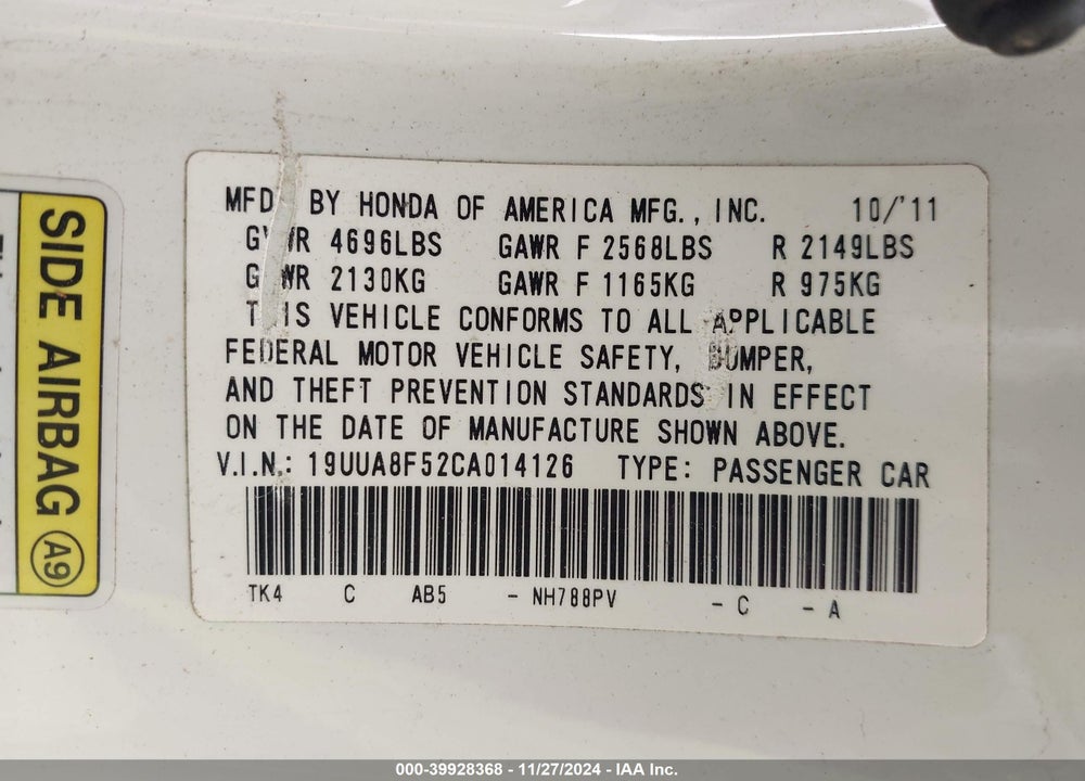 2012 ACURA TL 3.5 VIN: 19UUA8F52CA014126