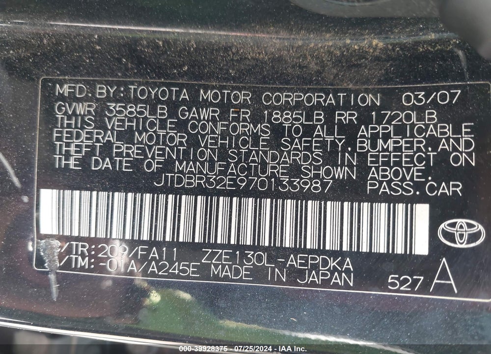 2007 TOYOTA COROLLA CE VIN: JTDBR32E970133987