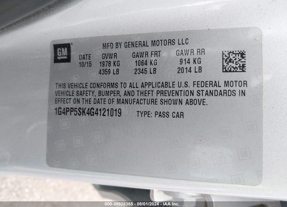 2016 BUICK VERANO VIN: 1G4PP5SK4G4121019