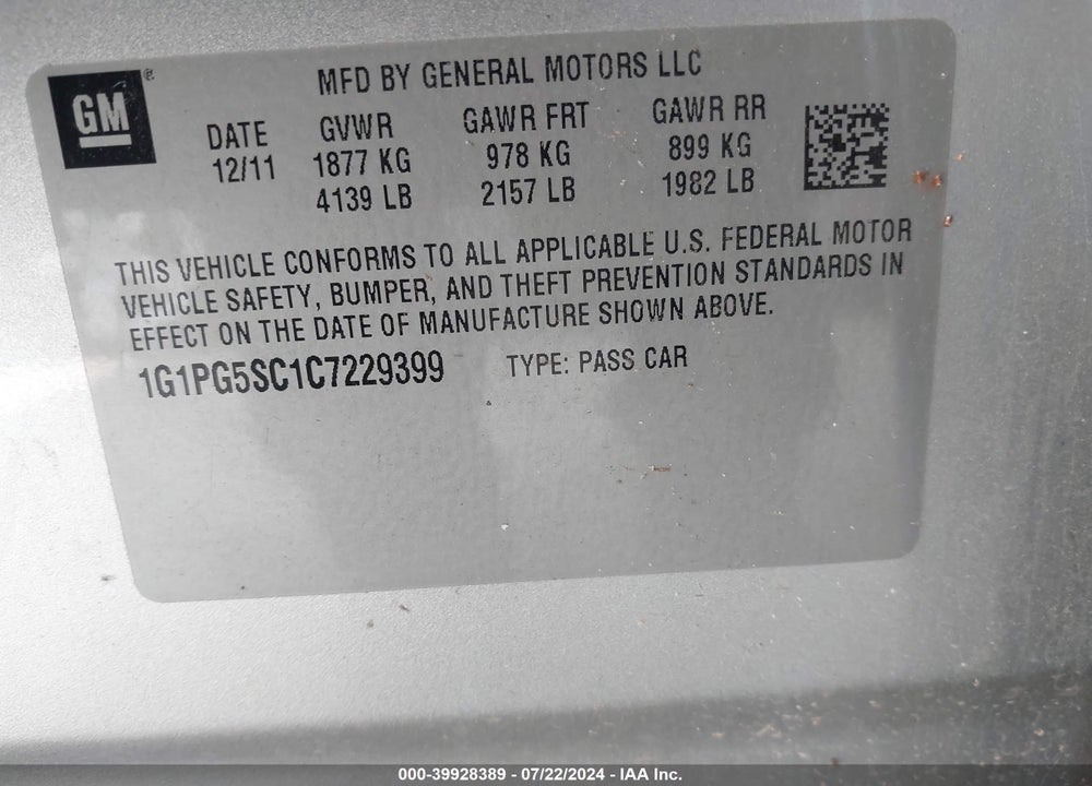 2012 CHEVROLET CRUZE 2LT VIN: 1G1PG5SC1C7229399