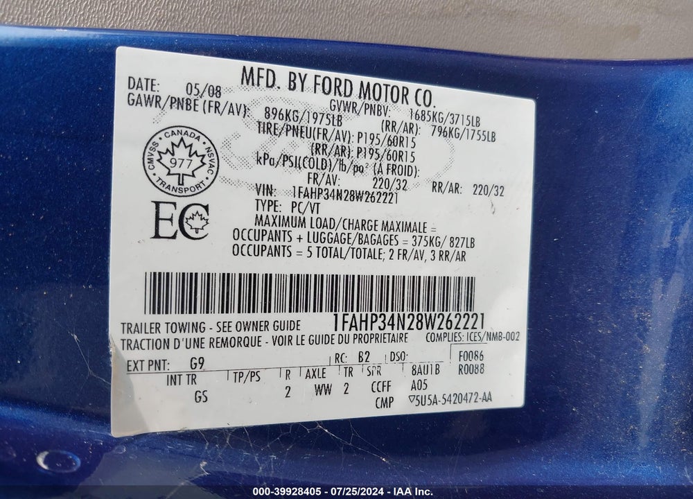 2008 FORD FOCUS S VIN: 1FAHP34N28W262221