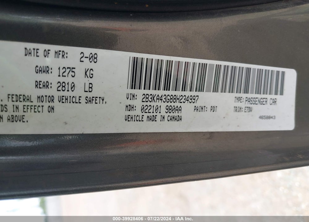 2008 DODGE CHARGER VIN: 2B3KA43G88H234997