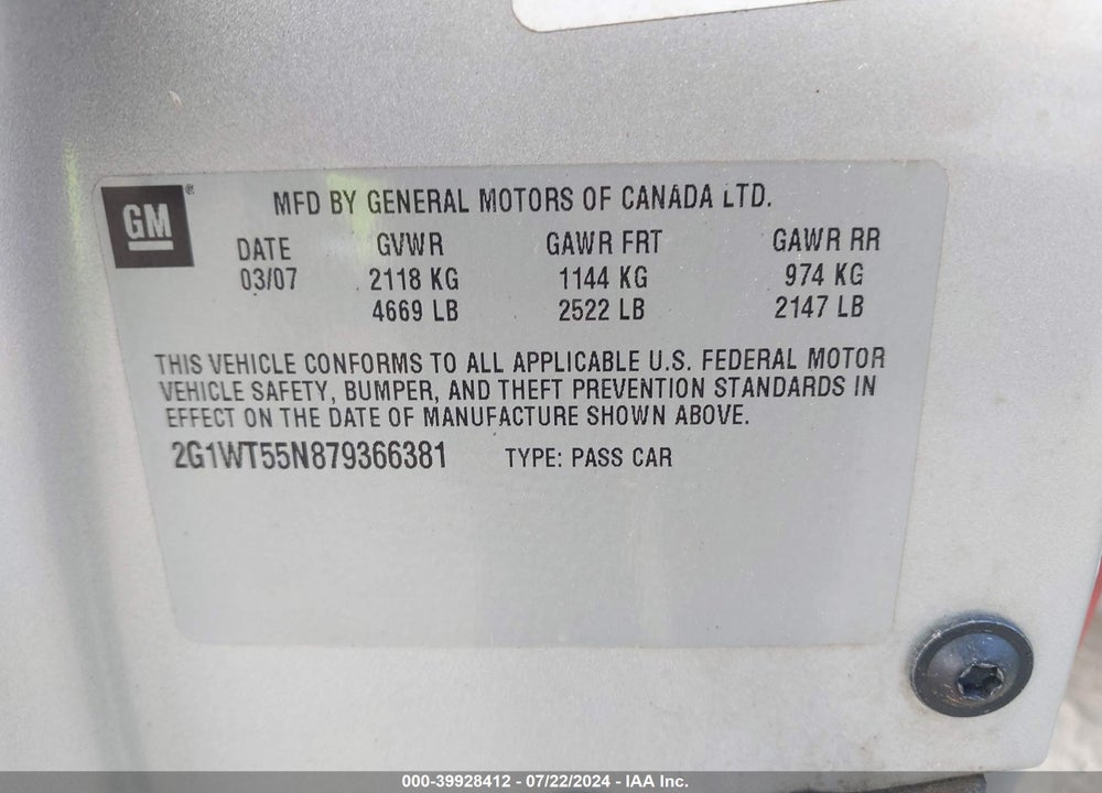 2007 CHEVROLET IMPALA LT VIN: 2G1WT55N879366381