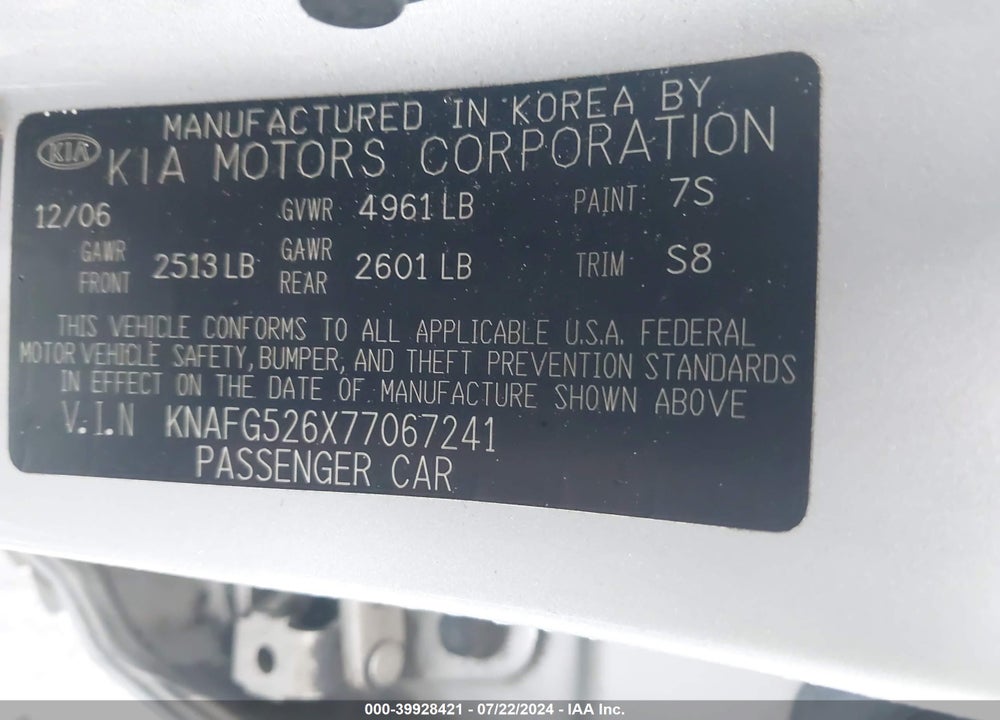 2007 KIA RONDO LX V6 VIN: KNAFG526X77067241