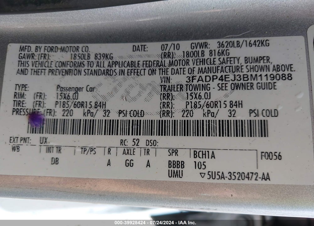2011 FORD FIESTA VIN: 3FADP4EJ3BM119088