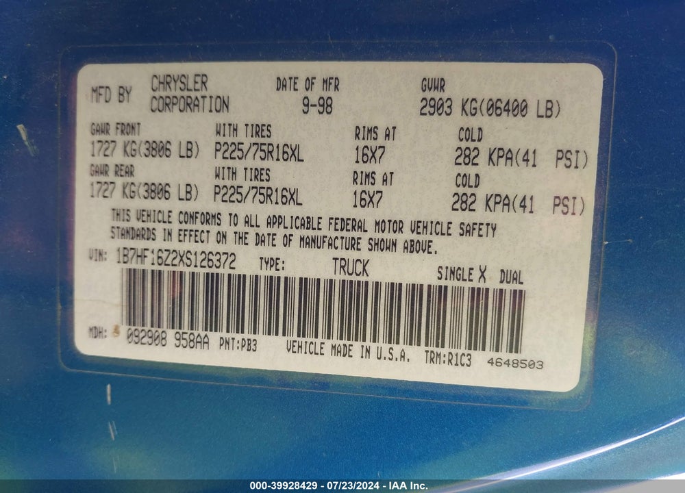 1999 DODGE RAM 1500 ST VIN: 1B7HF16Z2XS126372