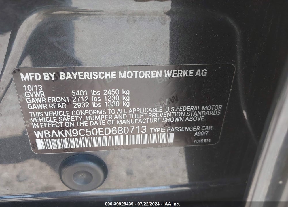 2014 BMW 550I VIN: WBAKN9C50ED680713