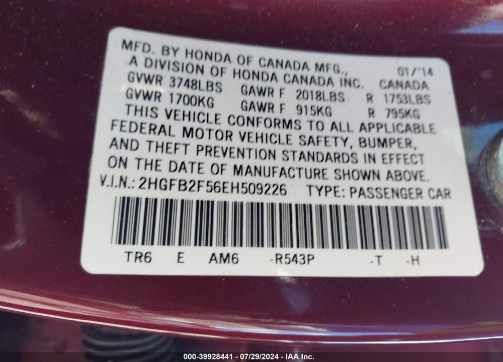 2014 HONDA CIVIC LX VIN: 2HGFB2F56EH509226