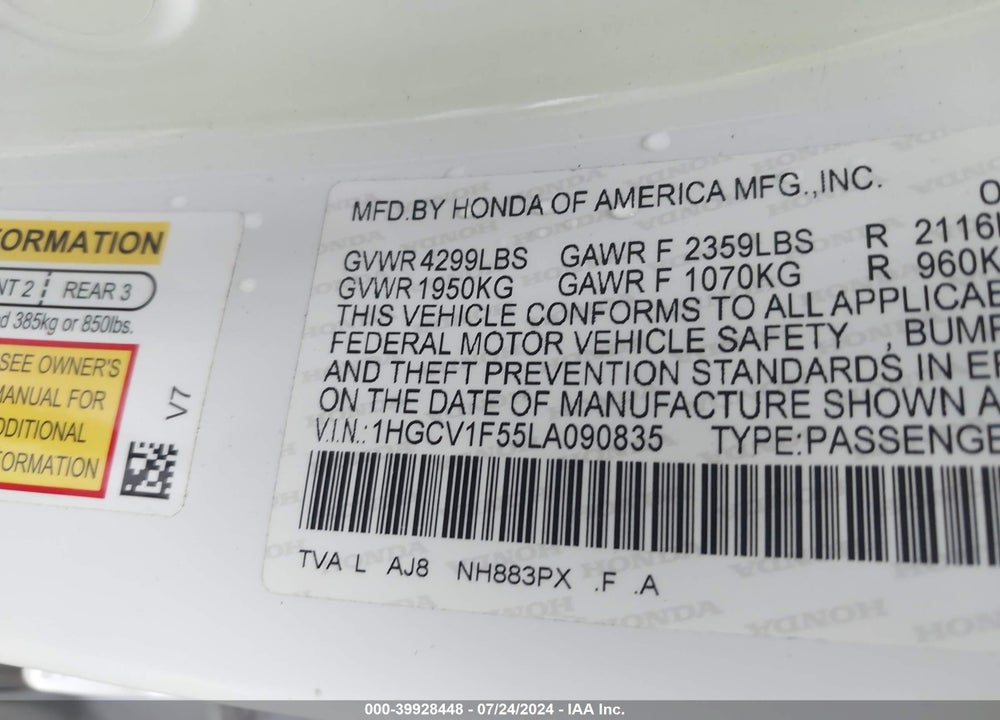 2020 HONDA ACCORD EX-L VIN: 1HGCV1F55LA090835