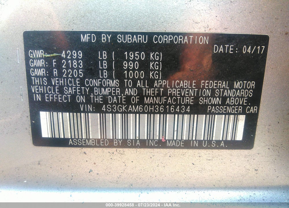 2017 SUBARU IMPREZA 2.0I SPORT VIN: 4S3GKAM60H3616434