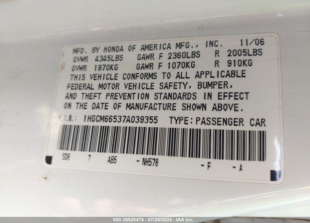 2007 HONDA ACCORD 3.0 EX VIN: 1HGCM66537A039355