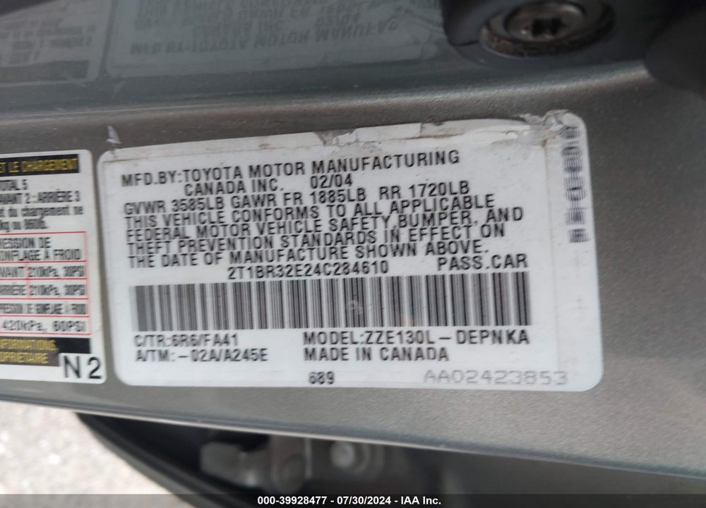 2004 TOYOTA COROLLA LE VIN: 2T1BR32E24C284610