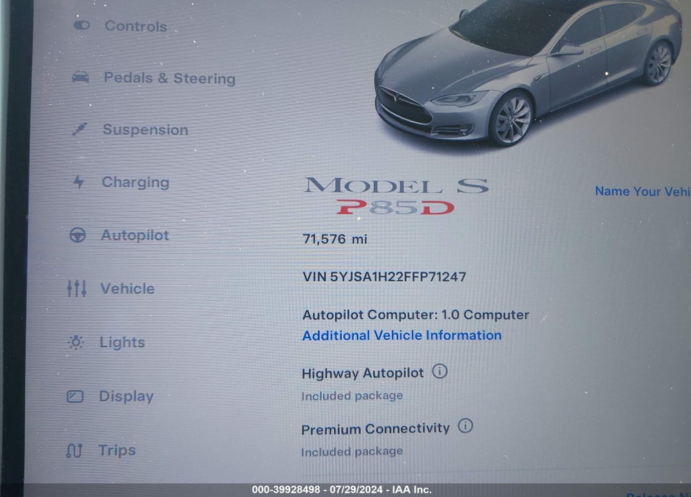 2015 TESLA MODEL S 70D/85D/P85D VIN: 5YJSA1H22FFP71247