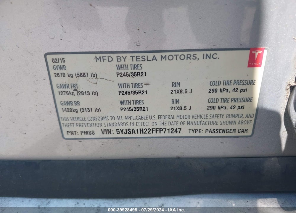 2015 TESLA MODEL S 70D/85D/P85D VIN: 5YJSA1H22FFP71247