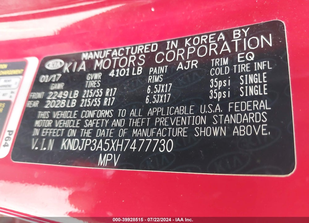 2017 KIA SOUL VIN: KNDJP3A5XH7477730
