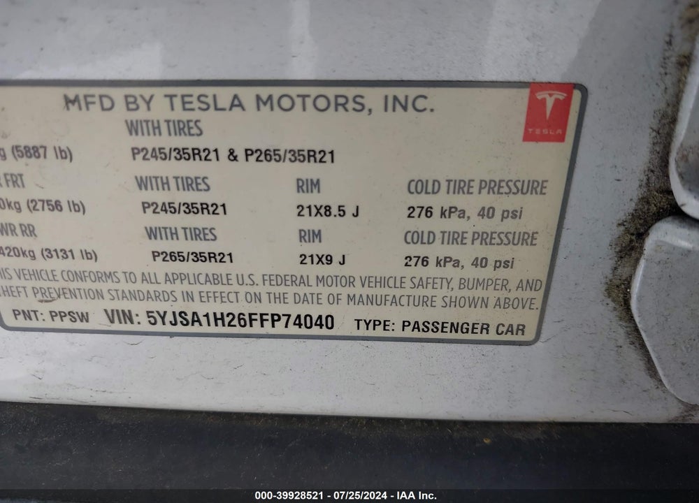 2015 TESLA MODEL S 70D/85D/P85D VIN: 5YJSA1H26FFP74040