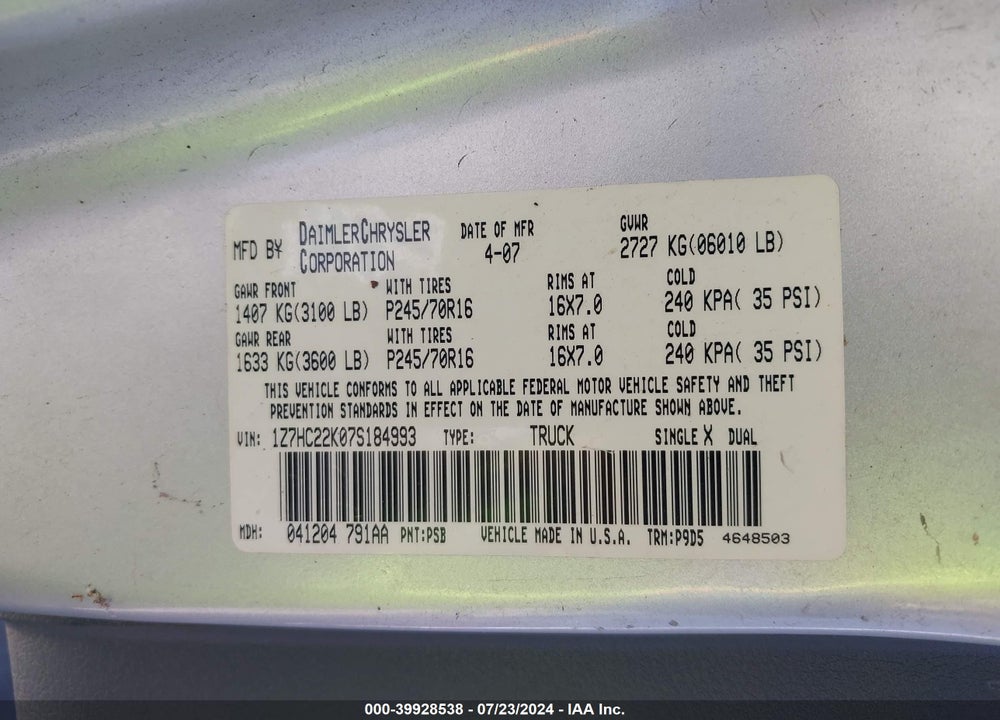 2007 MITSUBISHI RAIDER LS VIN: 1Z7HC22K07S184993