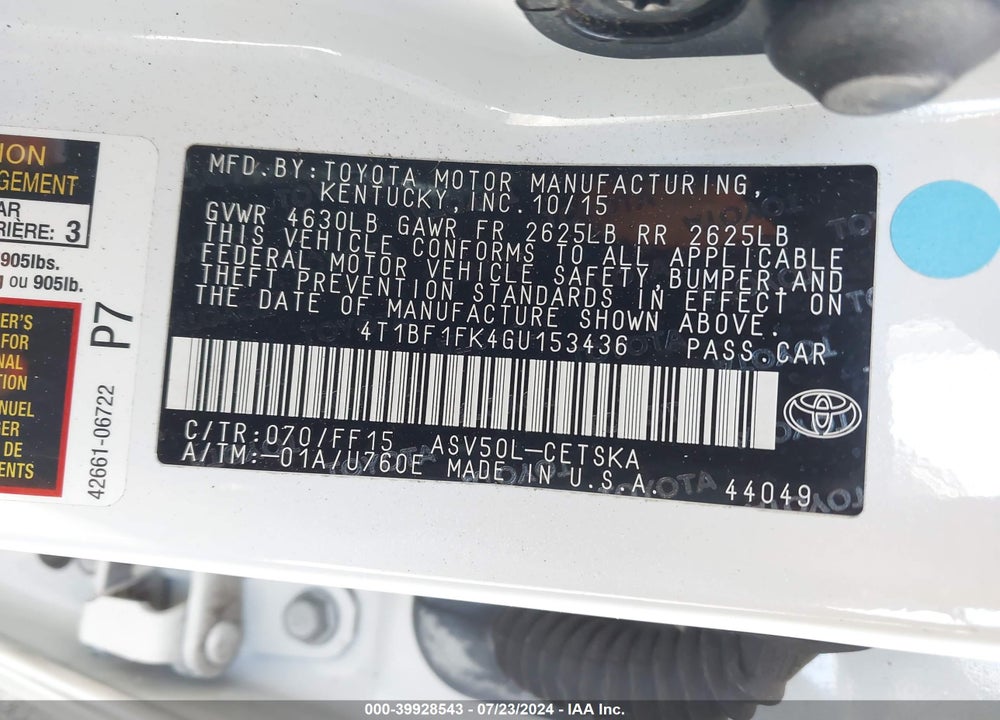 2016 TOYOTA CAMRY SE VIN: 4T1BF1FK4GU153436
