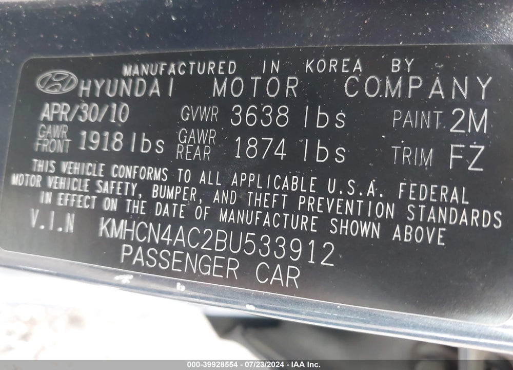 2011 HYUNDAI ACCENT GLS VIN: KMHCN4AC2BU533912