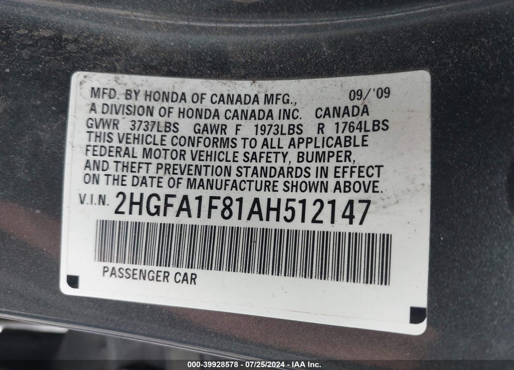 2010 HONDA CIVIC EX VIN: 2HGFA1F81AH512147