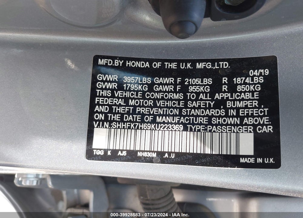 2019 HONDA CIVIC EX VIN: SHHFK7H69KU223369