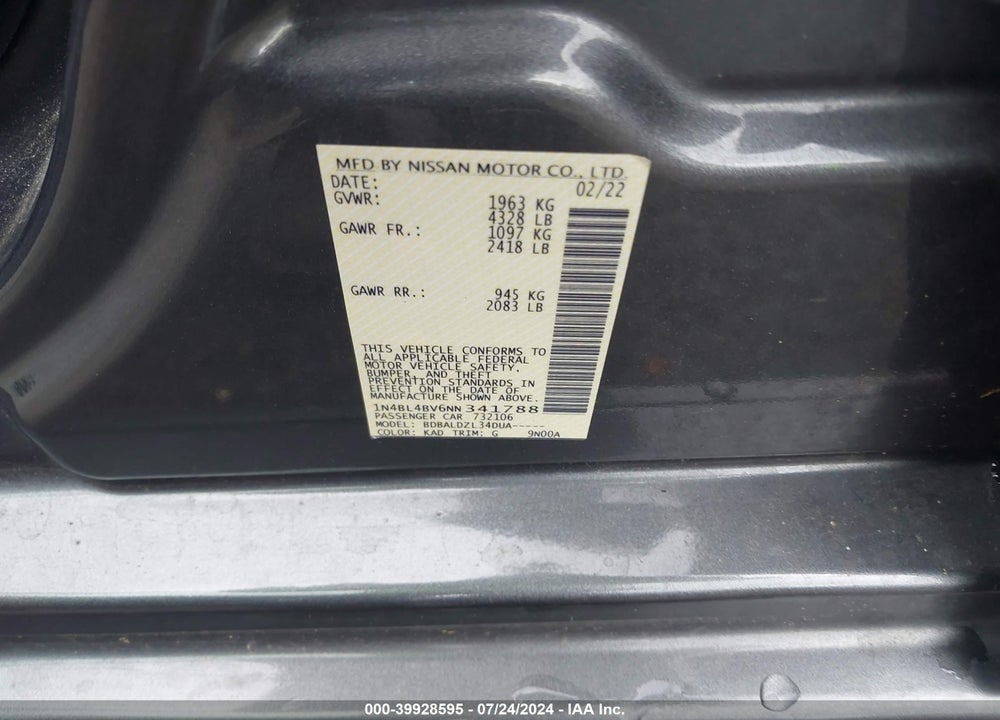 2022 NISSAN ALTIMA VIN: 1N4BL4BV6NN341788