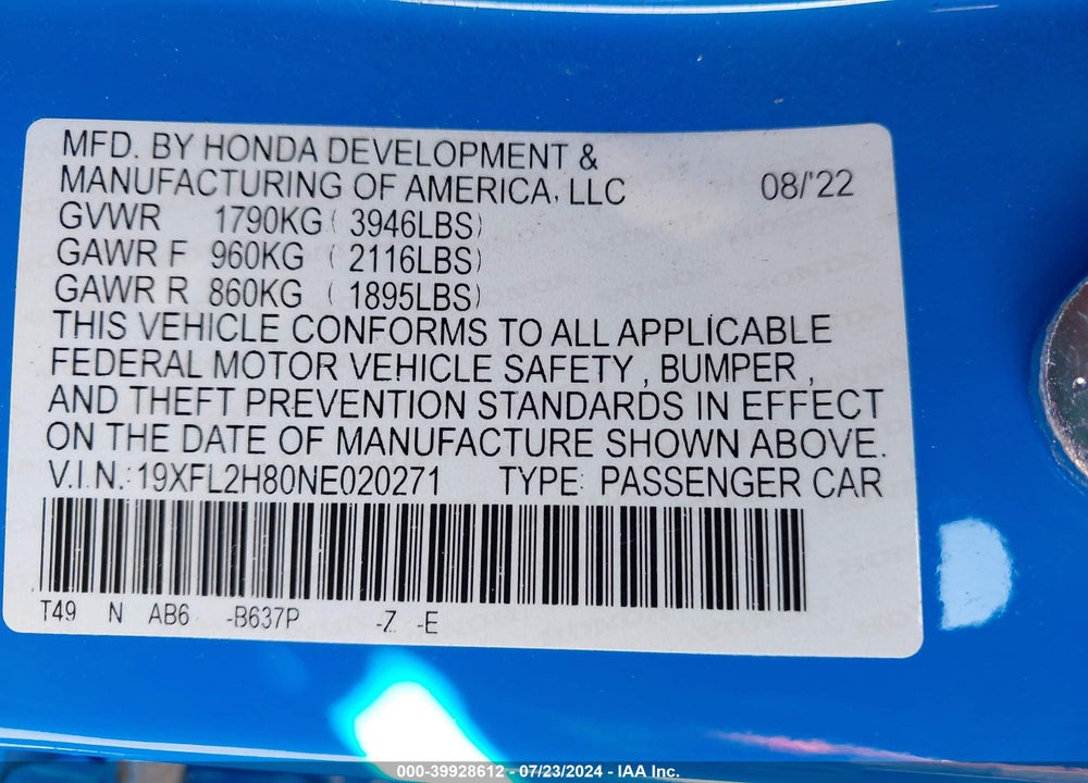 2022 HONDA CIVIC SPORT VIN: 19XFL2H80NE020271