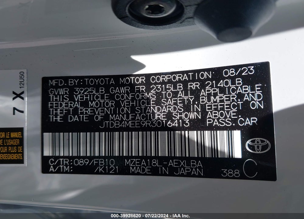 2024 TOYOTA COROLLA LE VIN: JTDB4MEE9R3016413