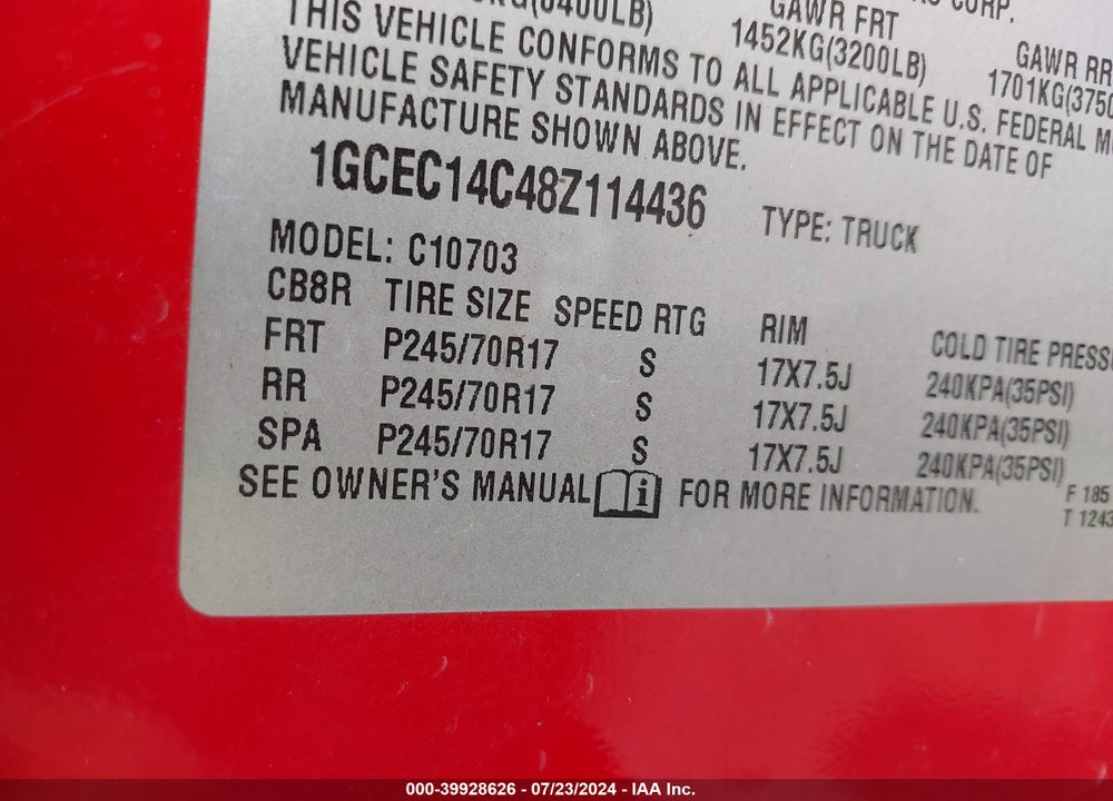 2008 CHEVROLET SILVERADO 1500 LT1 VIN: 1GCEC14C48Z114436
