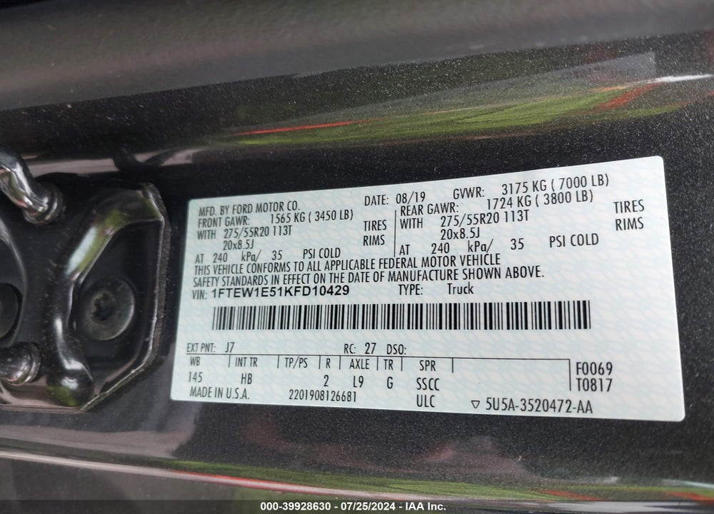 2019 FORD F-150 LARIAT VIN: 1FTEW1E51KFD10429