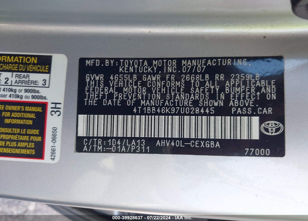 2007 TOYOTA CAMRY HYBRID VIN: 4T1BB46K97U028445