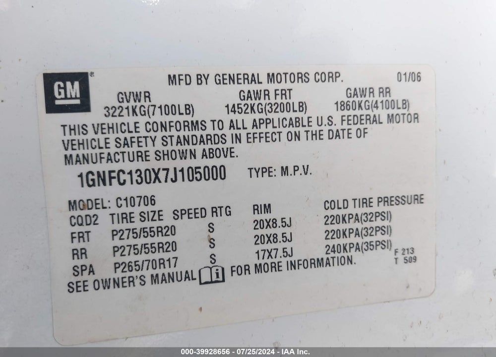 2007 CHEVROLET TAHOE LT VIN: 1GNFC130X7J105000