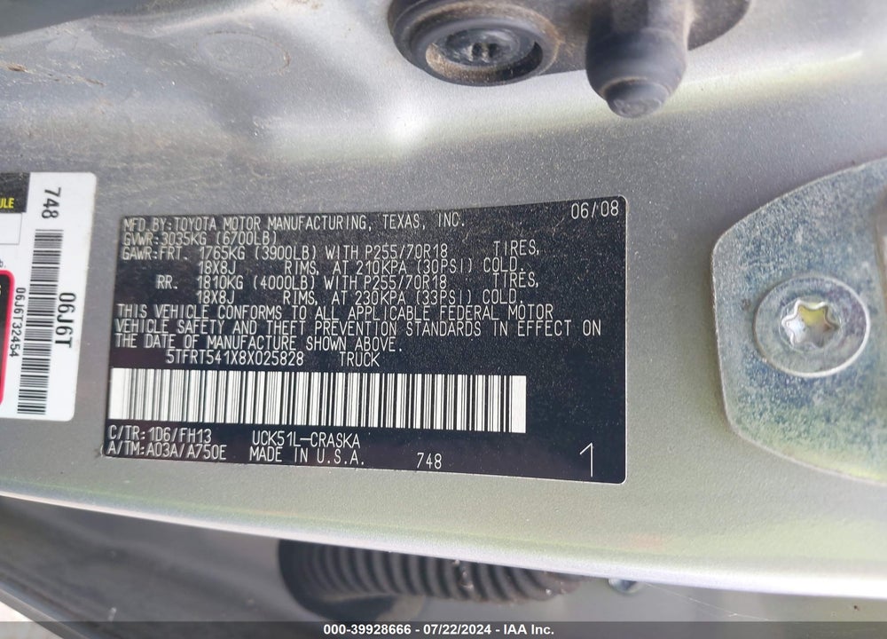 2008 TOYOTA TUNDRA BASE 4.7L V8 VIN: 5TFRT541X8X025828