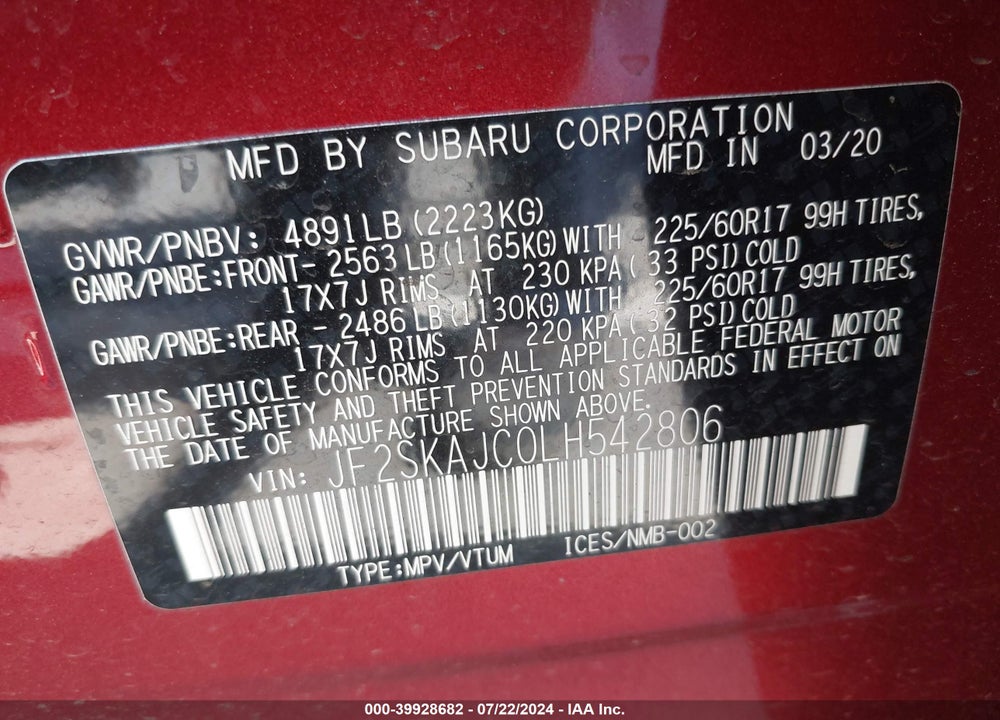 2020 SUBARU FORESTER PREMIUM VIN: JF2SKAJC0LH542806