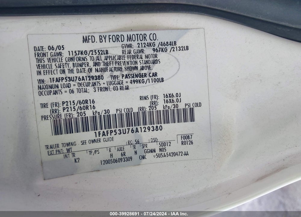 2006 FORD TAURUS SE VIN: 1FAFP53U76A129380