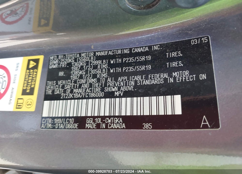 2015 LEXUS RX 350 VIN: 2T2ZK1BA7FC186000