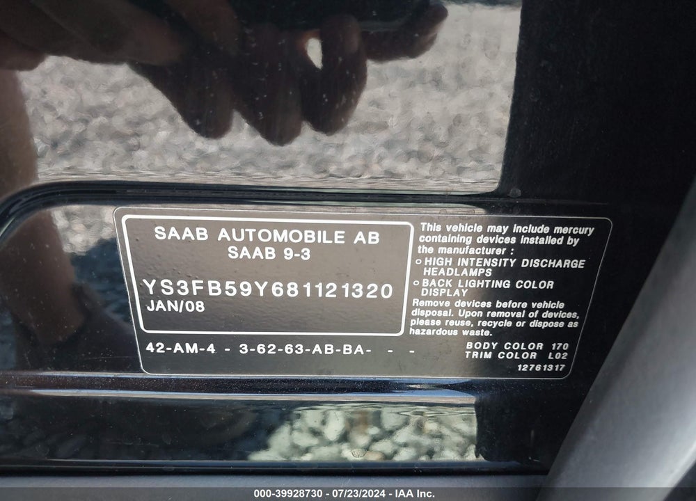 2008 SAAB 9-3 2.0T VIN: YS3FB59Y681121320