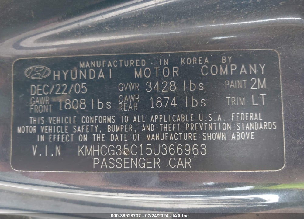 2005 HYUNDAI ACCENT GLS/GT VIN: KMHCG35C15U366963