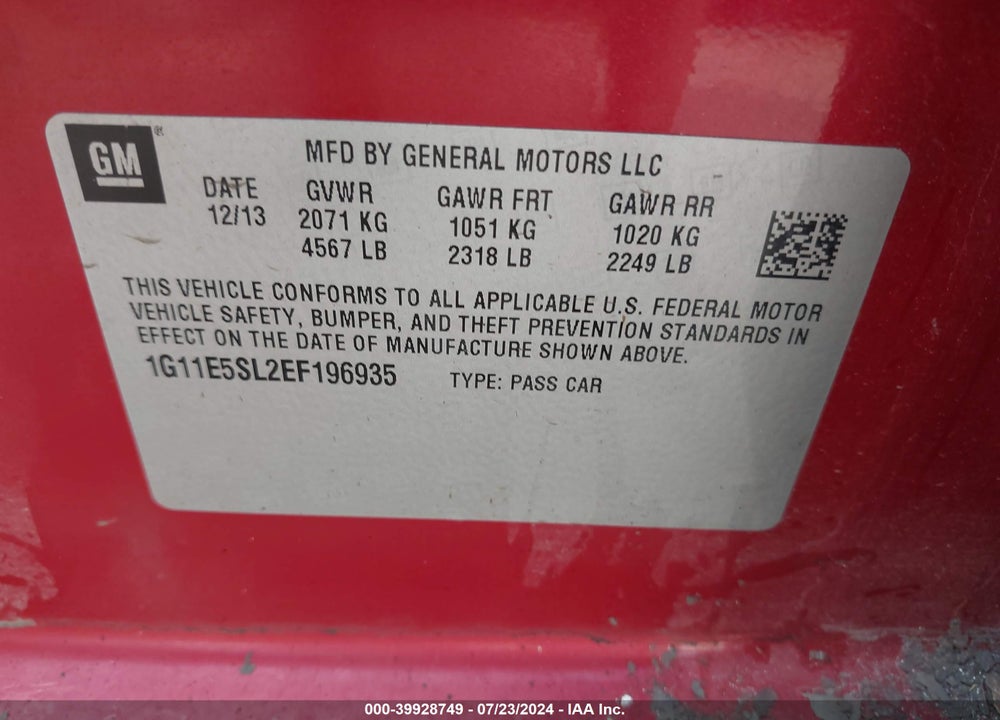 2014 CHEVROLET MALIBU 2LT VIN: 1G11E5SL2EF196935